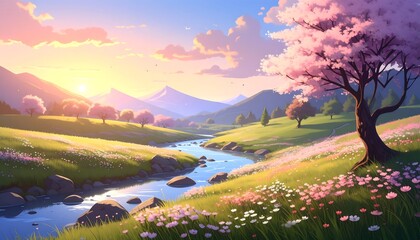 Naklejka premium Peaceful valley at sunrise, filled with blooming flowers and cherry trees