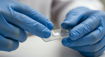 A scientist, researcher, or laboratory technician wearing blue nitrile gloves meticulously prepares a sample for analysis. 