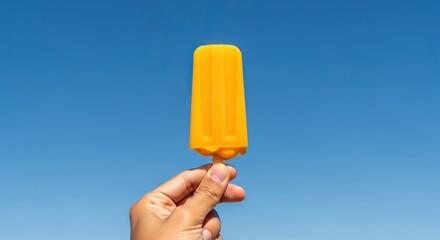 Hand holding an orange popsicle against a clear blue sky on a sunny summer day.