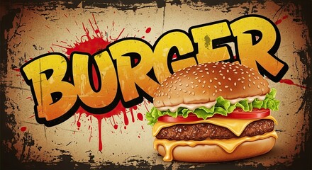 Comic-style burger illustration with bold typography and grunge background texture.
