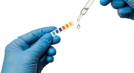A close-up captures a scientific test in progress, isolated on a white background. A pair of hands in blue nitrile gloves performs a precise procedure
