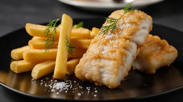 Classic fish and chips on a black plate. Battered cod with golden french fries, garnished with dill and salt. Traditional British pub food.