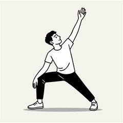 Minimalist line art vector of a man exercising. Clean black and white design, full body, flat style, isolated on white. Represents health, fitness, movement, and daily workout routine.
