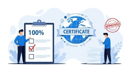 Flat illustration of a man points to a clipboard with a completed checklist, while another reviews documents near a globe labeled certificate with an approved stamp