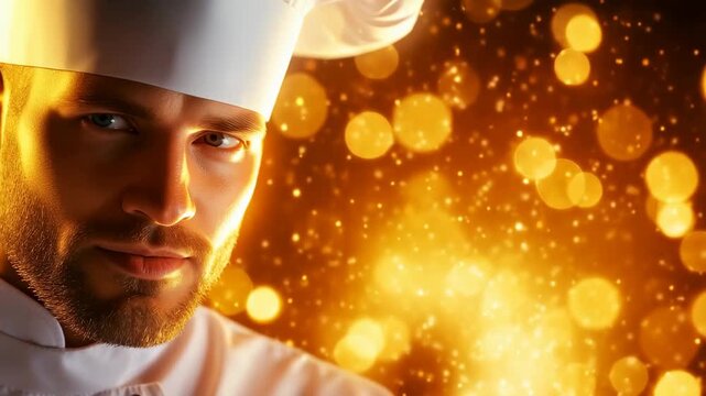 Portrait of a confident master chef with an intense gaze on a golden background. Culinary excellence, passion, gourmet. The art of fine dining. Ideal for restaurants, cooking shows, food branding.