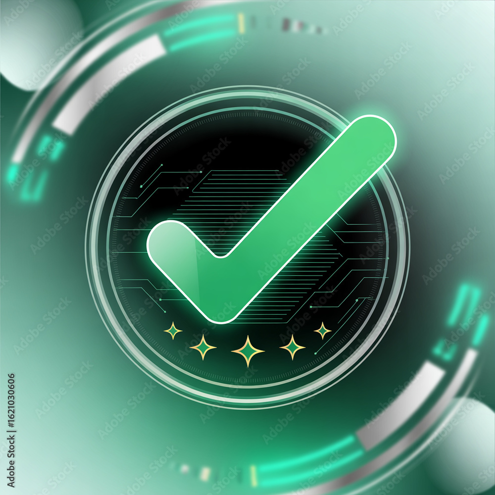 Poster futuristic green check mark within a circuit board circle surrounded by glowing geometric shapes rep