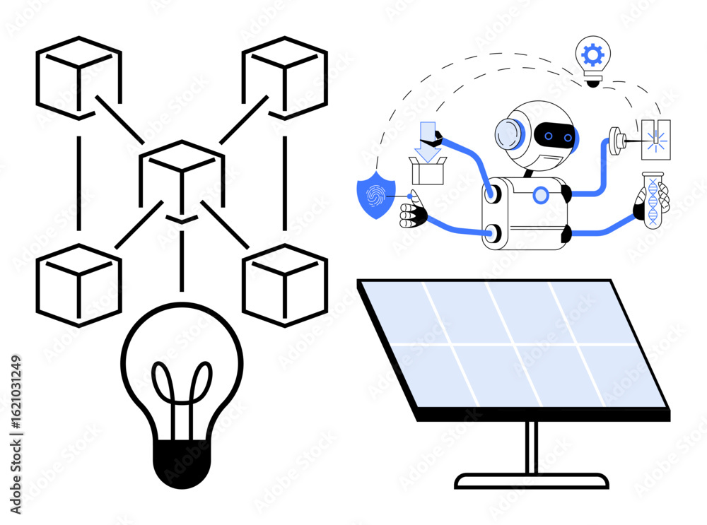 Poster blockchain network connected to a light bulb, ai robot managing tasks, and solar panel. ideal for in