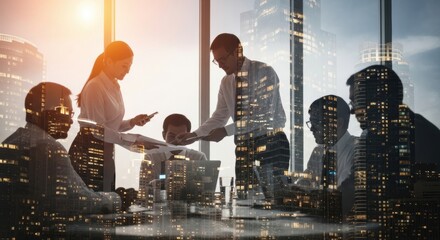 Diverse business team collaborating on strategy with city skyline overlay symbolizing corporate growth and ambition