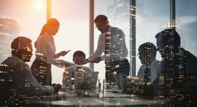 Diverse business team collaborating on strategy with city skyline overlay symbolizing corporate growth and ambition