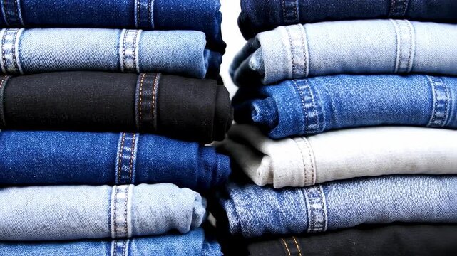 Stacked folded clothes primarily denim jeans