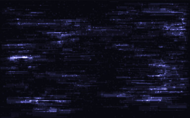 Glitch background with digital distortion. Pixelated noise effect in dark neon colors for tech or cyber design. Video damage template. Overlay cyberpunk texture. Vector Illustration.