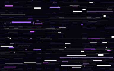 Glitch background with purple and white digital noise. Pixel distortion and futuristic lines on dark screen. Distorted effect for tech and cyber visual. Vector Illustration.
