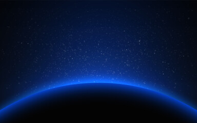 Space background with glowing blue horizon of a planet and starry sky. Space sunrise effect. Deep universe atmosphere with bright light. Cosmos eclipse with solar ring. Vector Illustration.
