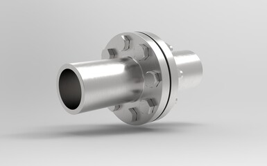High precision stainless steel flanged shaft coupling with hex bolts and seamless cylindrical body. 3D rendering image.