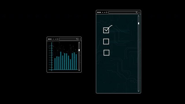Animated computer browser UI HUD of bar graph taking information checked concept with trasparent background