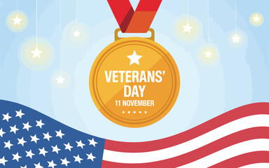 Illustration of veterans day medal and american flag illustration