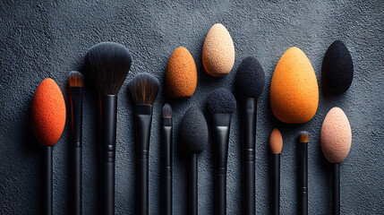 Assorted makeup brushes and blending sponges arranged on a textured surface beauty tools cosmetic application