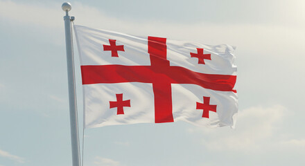 The Georgian national flag fluttering gently in the morning wind, with a soft, pale blue sky in the background.