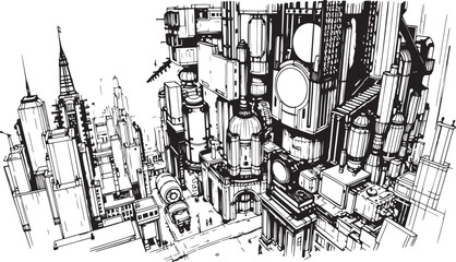 City landscape. Different buildings on street, outline cityscape hand sketch, flat houses. Hand drawn vector illustration