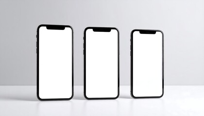 Three black smartphones on white surface