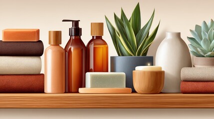 Bathroom shelf arranged with spa essentials and natural décor elements