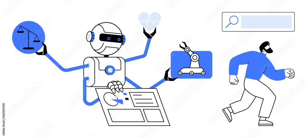 Poster robot multitasking with graphics of law, ai, automation, data analysis, heart, and search interface 