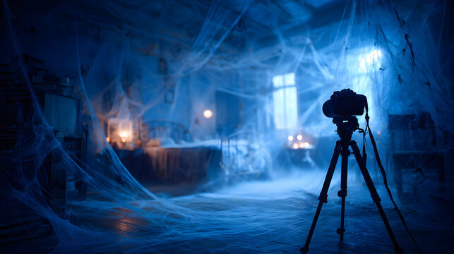 A professional camera is positioned on a tripod in a darkened room that features eerie cobweb decorations. The atmosphere is enhanced with colored lights creating a spooky ambiance for photography.