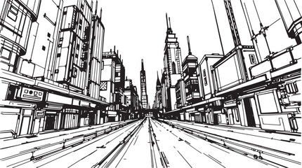 Fototapeta premium City landscape. Different buildings on street, outline cityscape hand sketch, flat houses. Hand drawn vector illustration