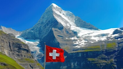Swiss flag flying before snow-capped Eiger mountain in Swiss Alps on bright summer day.