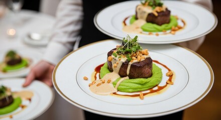 Elegant gourmet steak served with vibrant green puree and delicate microgreens, a culinary masterpiece.