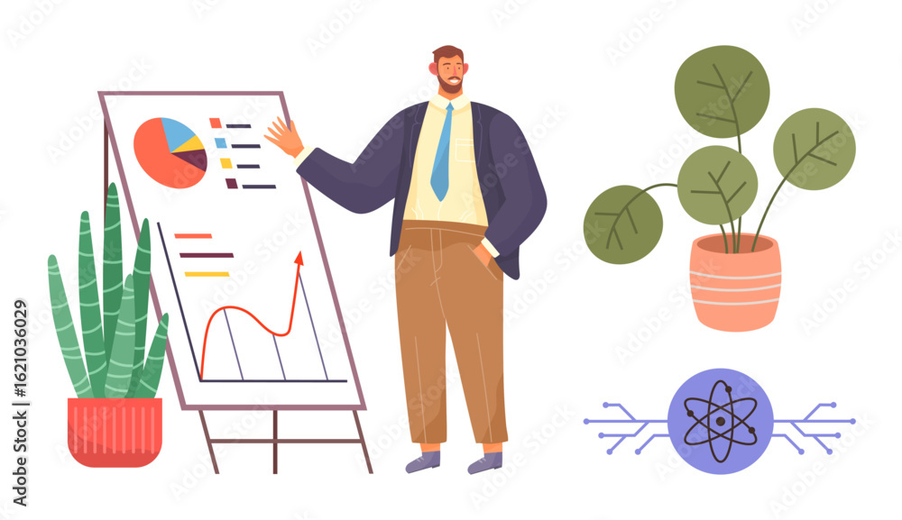 Poster man in a suit explaining data on graph board, accompanied by potted plants and atomic model. ideal f