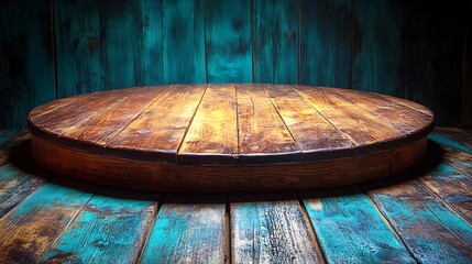 Fototapeta premium Circular wooden platform on a teal wood floor.