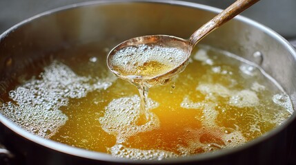 A ladle scoops clear bubbling yellow liquid from a metal pot The liquid is dripping from the ladle