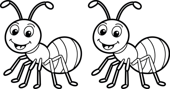 Two cartoon ants with big eyes and smiles in a black and white illustration