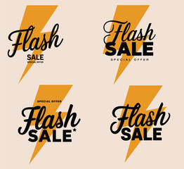 Flash Sale Lightning Bolt Badge Set Orange Yellow Typography Vector Marketing Promotion Collection