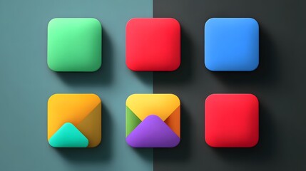 A collection of colorful icons with a variety of shapes and sizes. The icons are arranged in a grid, with some overlapping each other. Scene is playful and creative, with the use of bright colors