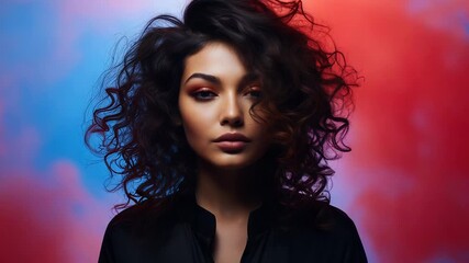 Fashion model posing with red and blue smoke bombs - Powered by Adobe