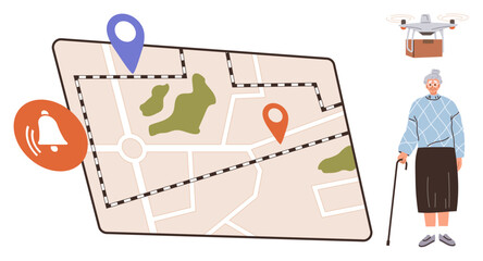 Map with markers, notification icon, elderly person with cane, and delivery drone. Ideal for senior assistance, navigation, health tech, deliveries safety accessibility mobility. Simple flat