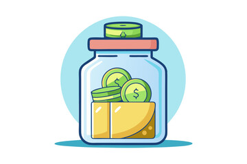 Transparent Jar of Coins and Cash with Savings Label Vector