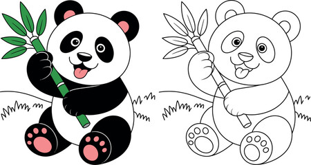 Illustration of two pandas one colored and one in black and white holding bamboo
