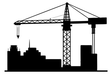 Construction Crane Silhouette Vector with High-Rise Building