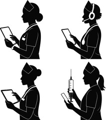 Four nurse silhouettes using technology and medical tools