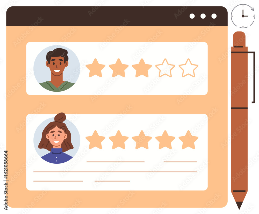 Poster two user profiles with star ratings displayed on a webpage layout, accompanied by a pen and clock. i