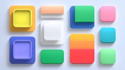 A collection of colorful icons with a variety of shapes and sizes. The icons are arranged in a grid, with some overlapping each other. Scene is playful and creative, with the use of bright colors