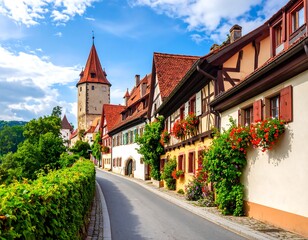 Quaint European town street lined with colorful buildings (1)
