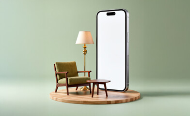 Modern smartphone mockup with blank screen standing on wooden platform next to vintage furniture, lamp and armchair, creative 3D interior concept for app or technology design
