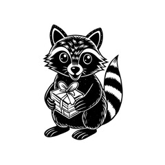 A cute raccoon stands holding a wrapped gift box tied with a bow, looking forward with a happy expression.