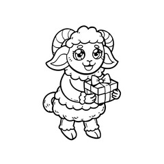 A cute cartoon sheep with curly horns holding a wrapped gift box with a bow, outlined in black and white.