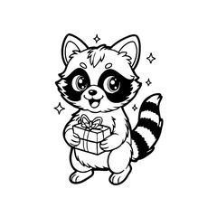 A cute cartoon raccoon stands holding a wrapped gift box, surrounded by sparkling stars in a black and white illustration.