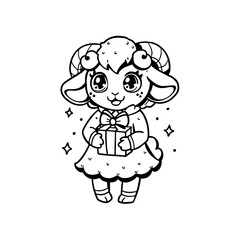 A cute cartoon lamb wearing a dress and holding a gift box, surrounded by sparkling stars in a black and white illustration.